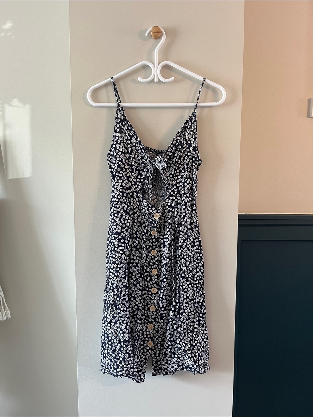 Navy Floral Button-Front Sundress with Tie Front